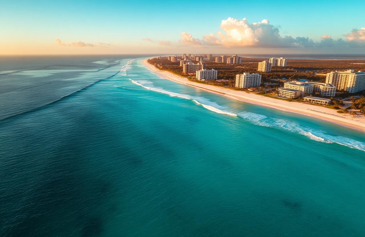 Aerial view of the turquoise Cancún coastline