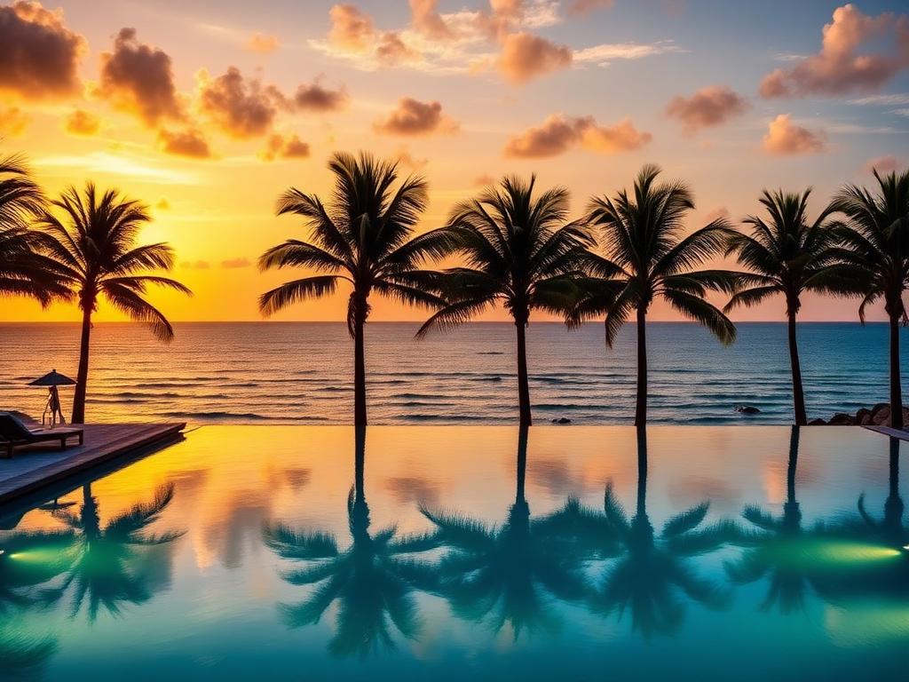 Palm-lined infinity pool at sunset in Cancún